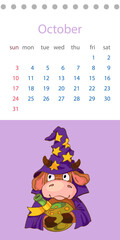 October 2021. Calendar month with a cartoon bull in a wizard hat. Editable vector template. Vector illustration in a flat style.
