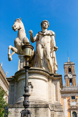 Fototapeta premium Castor and Pollux Sculptures, Cordonata Stairs, Campidoglio Square, Rome, Italy, Europe