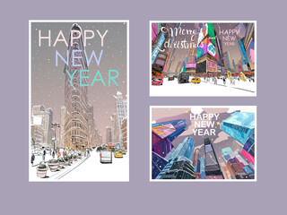 New York Merry Christmas and New Year greeting card design.Trendy cover template. Winter city. Hand drawn vector illustration
