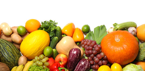 Fototapeta na wymiar Assortment of fresh organic fruits and vegetables on white background, top view