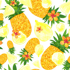 Bright seamless pattern with watercolor pineapple, citrus and hibiscus flowers. Summer fruit print.