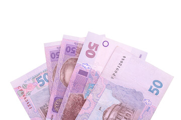50 Ukrainian Hryvnia banknotes on white background, top view