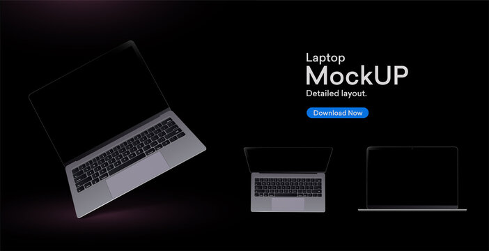 Great Collection Mock-ups of realistic laptops. 3D isometric set device. Side, top view and isometric. Perspective and front view with blank screen. Template for infographics or presentation 