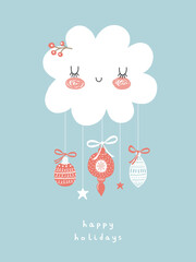 Cute Winter Holidays Vector Illustration with Funny White Cloud and Hanging Christmas Tree Decorations. Hand Drawn Fluffy Cloud Isolated on a Pastel Blue Background. Infantile Style Christmas Card.