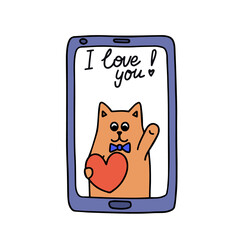 Cute cat with a heart on the phone screen, valentine, congratulations. cartoon illustration with a stroke.