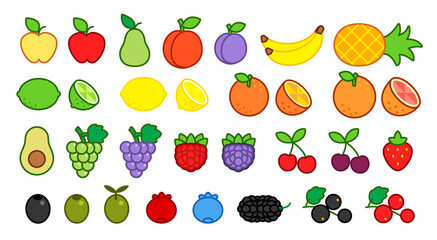 set of outlined simple colourful cute cartoon fruits and berries isolated on a white background, vector illustration