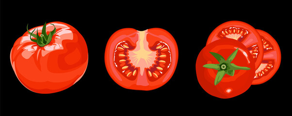 set of flat cartoon tomatoes isolated on a white background, vector illustration
