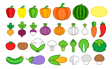 set of outlined simple colourful cute cartoon vegetables isolated on a white background, vector illustration
