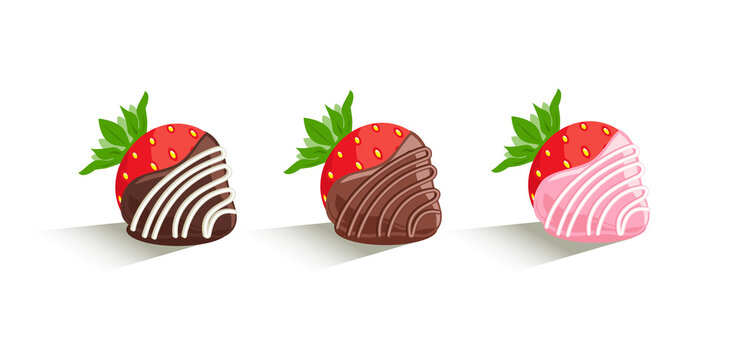 set of strawberries covered with chocolate isolated on a white background, vector illustration
