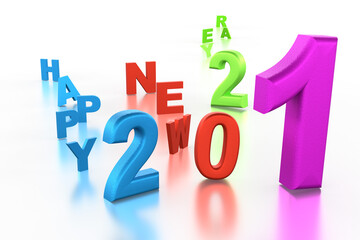 3d New Year's Eve. Shiny colorul line number and letter 2021 on black background.