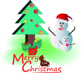 Christmas tree with gift boxes and snowman big and small