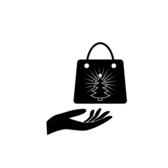 Hand offering Christmas Shopping bag icon isolated on white background. Christmas sale design