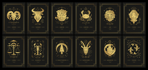Zodiac astrology horoscope cards linocut silhouettes design vector illustrations set