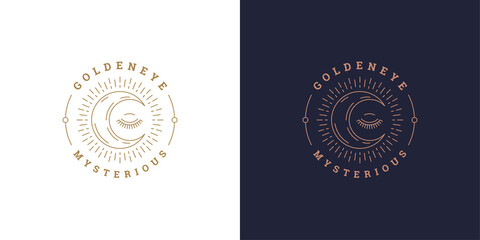 Shining moon crescent with closed eye logo template linear vector illustration
