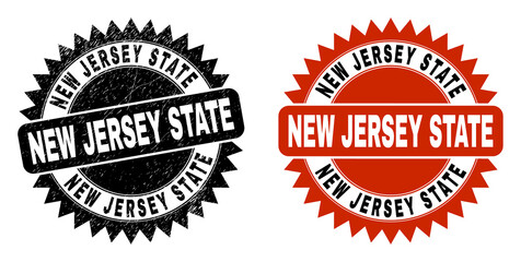 Black rosette NEW JERSEY STATE seal. Flat vector textured seal stamp with NEW JERSEY STATE caption inside sharp rosette, and original clean source. Watermark with grunge style.