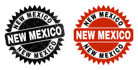 Black rosette NEW MEXICO watermark. Flat vector scratched watermark with NEW MEXICO caption inside sharp rosette, and original clean version. Imprint with corroded style.