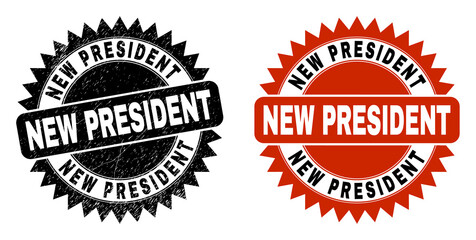Black rosette NEW PRESIDENT seal. Flat vector grunge watermark with NEW PRESIDENT message inside sharp rosette, and original clean template. Watermark with grunge style.