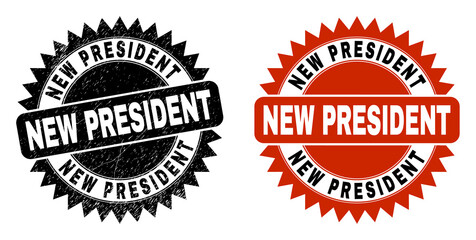 Obraz premium Black rosette NEW PRESIDENT seal. Flat vector grunge watermark with NEW PRESIDENT message inside sharp rosette, and original clean template. Watermark with grunge style.