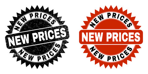 Black rosette NEW PRICES seal stamp. Flat vector distress watermark with NEW PRICES message inside sharp rosette, and original clean template. Watermark with unclean surface.