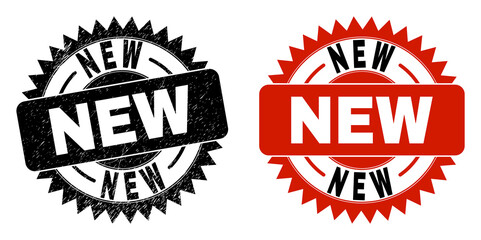 Black rosette NEW seal stamp. Flat vector grunge seal with NEW text inside sharp rosette, and original clean source. Watermark with corroded style.