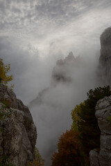 Autumn fog in the Ai-Petri mountains in Crimea