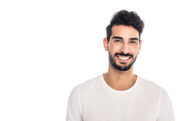 young, cheerful hispanic man looking at camera isolated on white