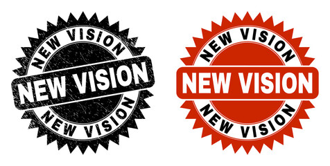 Black rosette NEW VISION seal stamp. Flat vector textured seal stamp with NEW VISION phrase inside sharp rosette, and original clean version. Watermark with scratched surface.