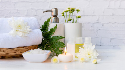 Spa beauty massage health wellness. Spa Thai therapy treatment aromatherapy for body woman with white flower nature candle for relax and healthy care.