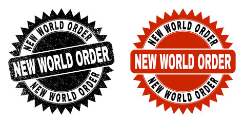Black rosette NEW WORLD ORDER watermark. Flat vector scratched watermark with NEW WORLD ORDER text inside sharp rosette, and original clean source. Watermark with unclean surface.