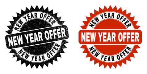 Obraz premium Black rosette NEW YEAR OFFER seal stamp. Flat vector distress stamp with NEW YEAR OFFER message inside sharp rosette, and original clean template. Watermark with grunge surface.