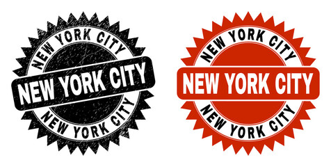 Black rosette NEW YORK CITY seal stamp. Flat vector grunge watermark with NEW YORK CITY title inside sharp rosette, and original clean version. Rubber imitation with grunge surface.