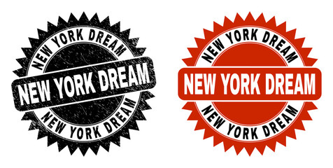 Black rosette NEW YORK DREAM seal. Flat vector scratched seal stamp with NEW YORK DREAM caption inside sharp rosette, and original clean template. Imprint with unclean surface.