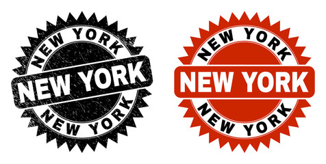 Black rosette NEW YORK seal. Flat vector distress seal with NEW YORK text inside sharp rosette, and original clean source. Watermark with distress texture.
