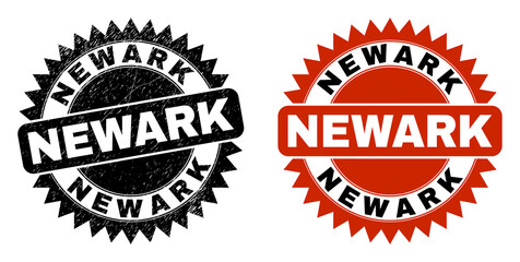 Black rosette NEWARK seal. Flat vector distress watermark with NEWARK phrase inside sharp rosette, and original clean version. Watermark with distress style.