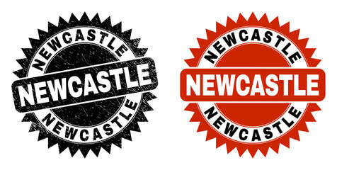 Black rosette NEWCASTLE seal. Flat vector scratched seal stamp with NEWCASTLE caption inside sharp rosette, and original clean template. Rubber imitation with unclean surface.