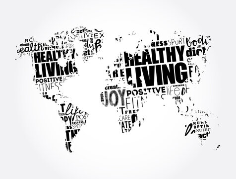Healthy Living word cloud in shape of world map, health concept background