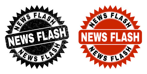 Black rosette NEWS FLASH seal stamp. Flat vector distress seal stamp with NEWS FLASH phrase inside sharp rosette, and original clean source. Rubber imitation with distress texture.