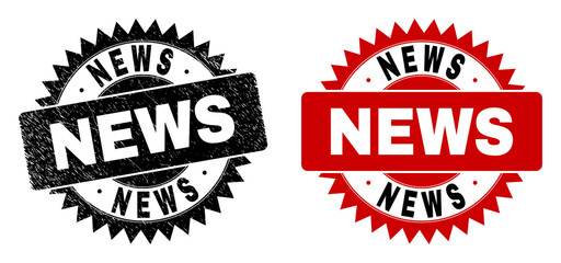 Obraz premium Black rosette NEWS seal. Flat vector textured seal stamp with NEWS text inside sharp rosette, and original clean template. Watermark with unclean style.