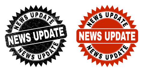 Black rosette NEWS UPDATE watermark. Flat vector grunge seal stamp with NEWS UPDATE phrase inside sharp rosette, and original clean template. Rubber imitation with grunge surface.