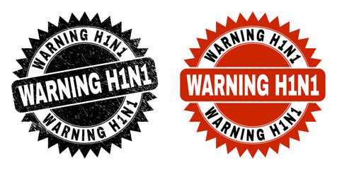 Black rosette WARNING H1N1 seal. Flat vector grunge seal with WARNING H1N1 text inside sharp rosette, and original clean template. Watermark with unclean style.