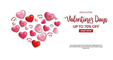 valentine's day sale offer banner discount promotion with 3d heart shape illustration with confetti