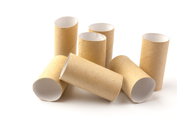 empty paper toilet rolls on white background