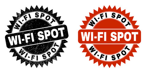 Black rosette WI-FI SPOT stamp. Flat vector distress seal stamp with WI-FI SPOT message inside sharp star shape, and original clean version. Rubber imitation with distress style.