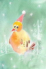 Watercolour new year or Christmas card with a bird chick on green background and snow falling - 399979784