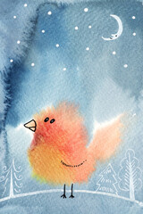 Watercolour new year or Christmas card with a birdie on blue background and snow falling - 399980113