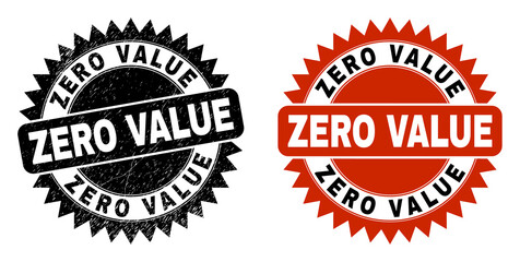 Black rosette ZERO VALUE seal. Flat vector scratched seal with ZERO VALUE message inside sharp rosette, and original clean version. Watermark with unclean style.