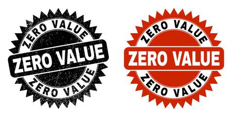 Obraz premium Black rosette ZERO VALUE seal. Flat vector scratched seal with ZERO VALUE message inside sharp rosette, and original clean version. Watermark with unclean style.