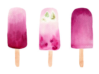 Watercolor illustration set of ice cream popsicles on a stick