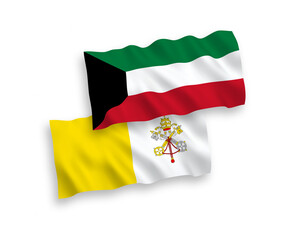 National vector fabric wave flags of Vatican and Kuwait isolated on white background. 1 to 2 proportion.