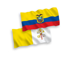 National vector fabric wave flags of Vatican and Ecuador isolated on white background. 1 to 2 proportion.